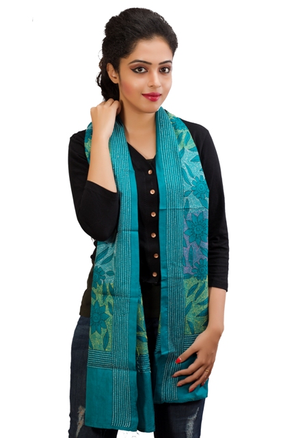 Twaksati Silk Blue Green Kantha Stole